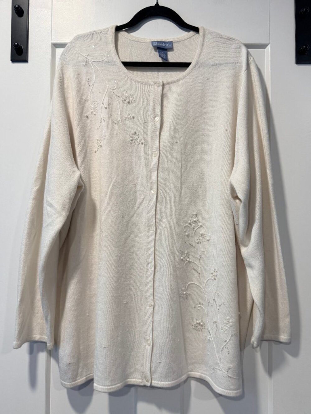 Vintage Liz & Me Dressy Button-Front Off-White Sweater w/ Sequins & Beads - Picture 2 of 5
